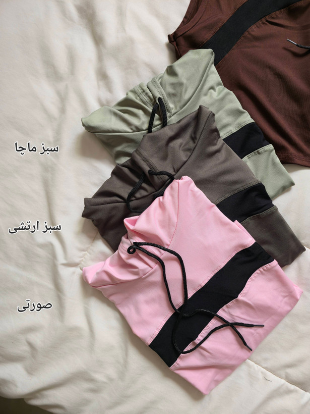 وست ورزشی زنانه لش طور سایز بزرگ ۴۴ الی ۵۰ / کراپ تاپ کلاهدار
